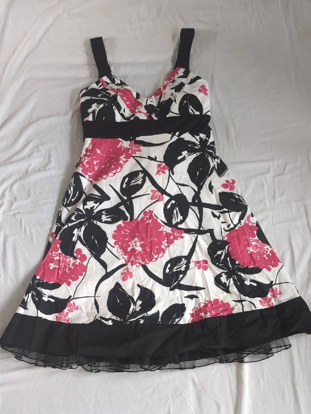 Speechless White Dress with Black Accent Trim, Floral Dress